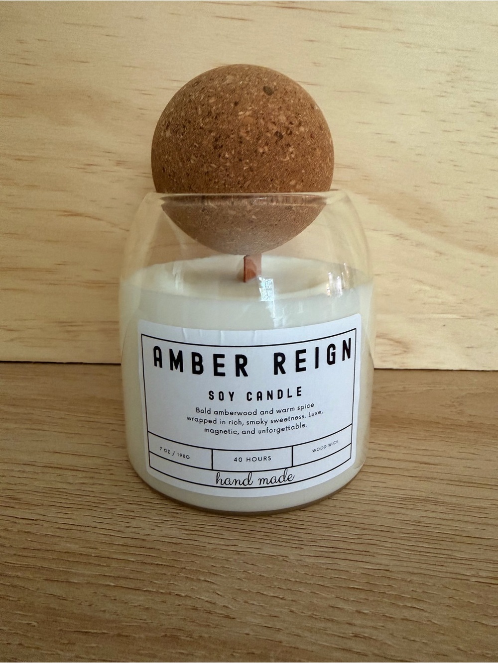 Amber Reign Soy Candle - White with Cork Top